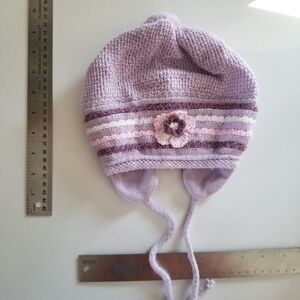 Girls light purple knit wool winter hat with ties
